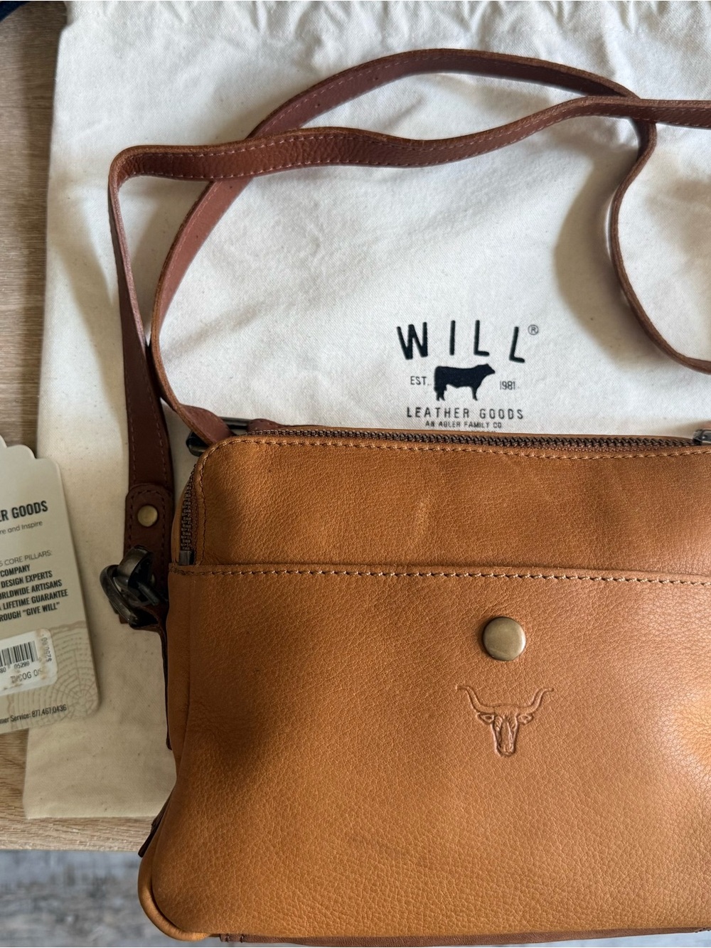 Will Leather Goods Brown Leather Crossbody with Red Plaid Lining